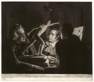 Három személy nézi a Gladiátort gyertyafénynél, William Pether metszet, 1769 alkotó: Joseph Wright of Derby