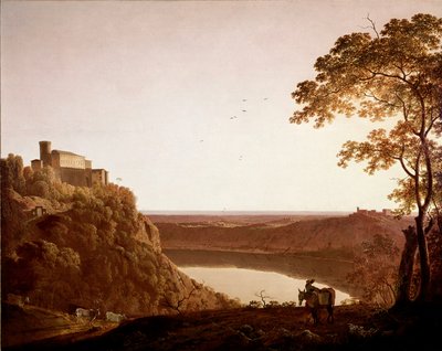 Kilátás a Nemi-tóra alkonyatkor Joseph Wright festménye: Wright of Derby (1734-1797) alkotó: Joseph Wright of Derby