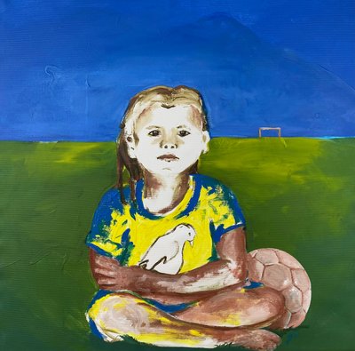 Mädchen mit Taube (Girl with Dove), 2022 (akrilfesték vászonra) alkotó: Josephine Henning