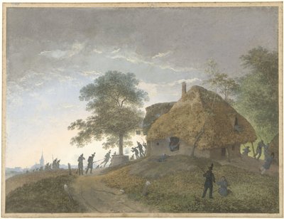 Csata egy fogadóban vagy nádfedeles házban egy dombon alkotó: Josephus Augustus Knip