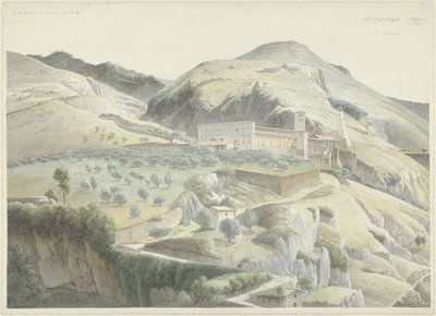 Táj a kolostorral Subiacoban alkotó: Josephus Augustus Knip