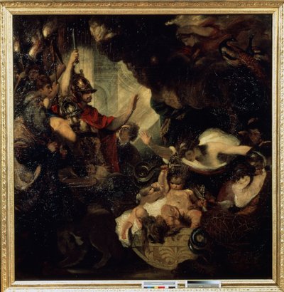 Herkules csecsemő megfojtja a kígyókat A bemutatott szereplők közül: Tiresias látnok (balra) és Juno istennő (Héra) pávákkal (jobbra fent). Sir Joshua Reynolds (1732-1792) festménye alkotó: Joshua Reynolds
