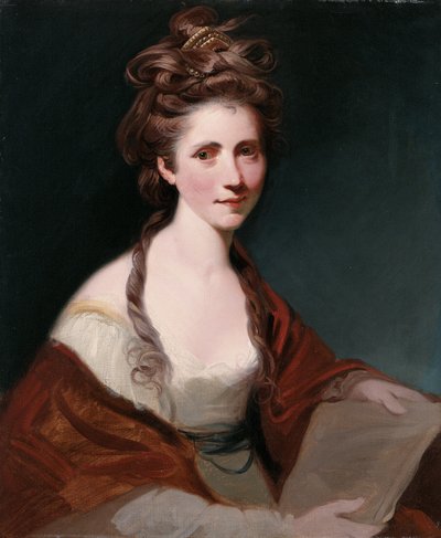 Angelica Kauffmann portréja, félhosszú fehér ruhában, piros kendővel alkotó: Joshua Reynolds