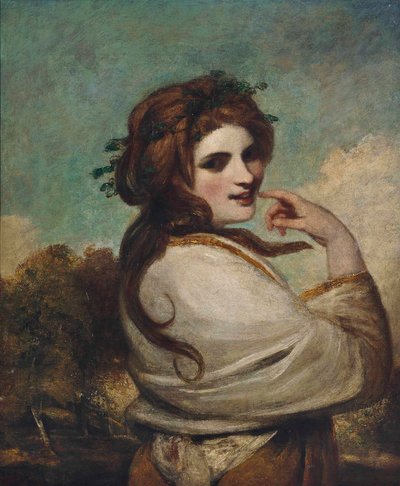 Emma, Lady Hamilton portréja, mint Bacchante, félalakos, sárga ruhában, fehér kendőben, tájban alkotó: Joshua Reynolds