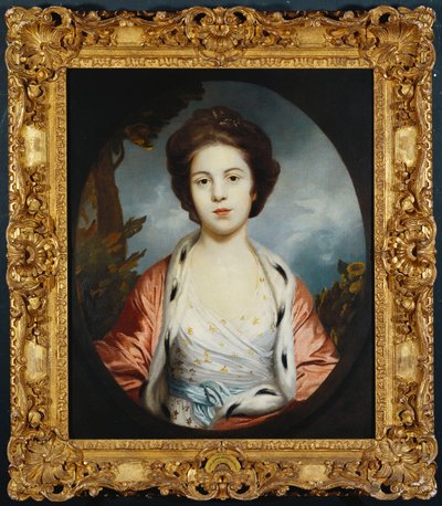 Lady Wray Esther portréja fehér ruhában, arany és rózsaszín hermelinnal bélelt köpenyben, tájon túl alkotó: Joshua Reynolds