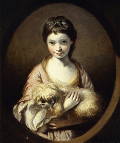 Miss Emilia Vansittart portréja, félhosszú, rózsaszín-fehér ruhát visel, kutyát tartva, 1767-68 körül alkotó: Joshua Reynolds
