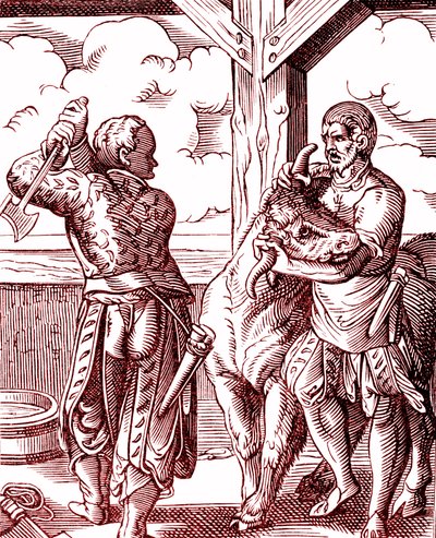 A butcher - Food and cooking in the Middle Ages. Engraving by Jost Amman (1539-1591). Engraving 1878 alkotó: Jost (after) Amman