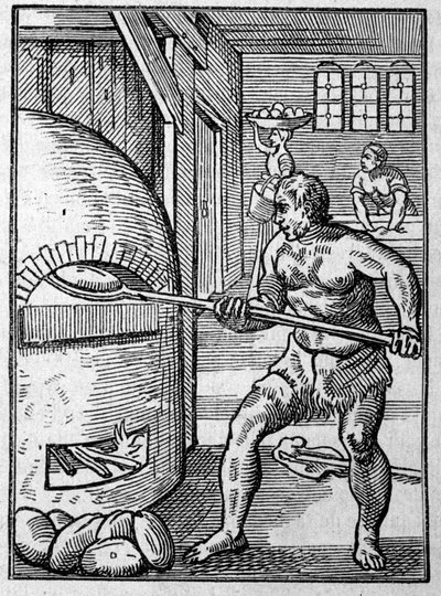 Egy pék, aki kenyeret süt a kemencében. Jost Amman (1539-1591) metszete 16. század. alkotó: Jost Amman