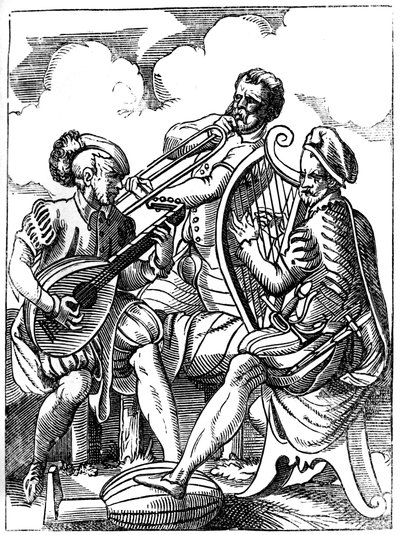 Gitáros, lantművész és harsonás, 1849. XVI. század. alkotó: Jost Amman