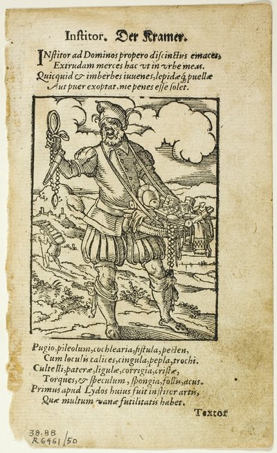 Der Kramer (A házaló) Hartmann Schopper De omnibus illiberalibus sive mechanicis artibus című művéből, 50. tábla a XVI. századi könyvek fametszeteiből alkotó: Jost Amman