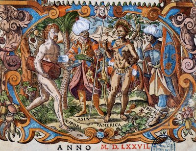 Négy kontinens, részlet a címlapról, Jost Amman (1539-1591) metszete alkotó: Jost Amman