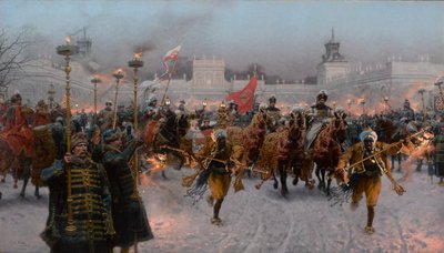 III. Sobieski János és Marysienka indulása Wilanówból, 1897. alkotó: Jozef Brandt