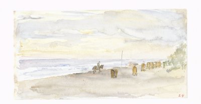 Tengerparti látkép lovassal és strandfotelekkel alkotó: Jozef Israëls