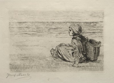 Lány kosár ül a parton. alkotó: Jozef Israëls
