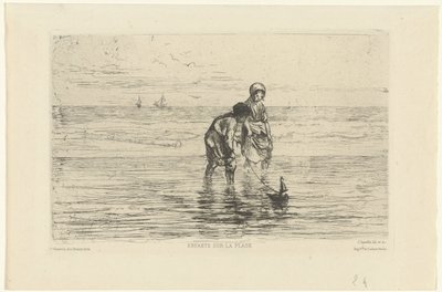 Gyermekek játszanak egy csónakkal a tengerparton Enfants sur la plage (cím a tárgyon) alkotó: Jozef Israëls