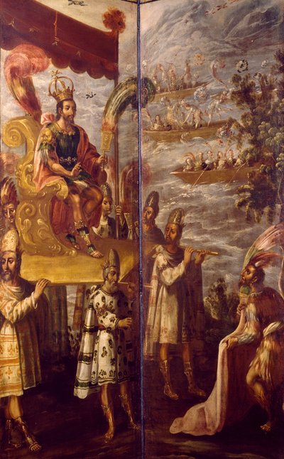 Montezuma, részlet Cortes és Montezuma találkozásából, Juan Correának (1645-1716) tulajdonított képernyő, olaj, vászon, 250x600 cm alkotó: Juan Correa