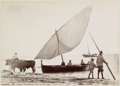 Ossen trekken vissersboot het strand op Valenciában VALENCE.- Homokra rajzolt horgászcsónak. (természetből) (cím a tárgyon) alkotó: Juan Laurent