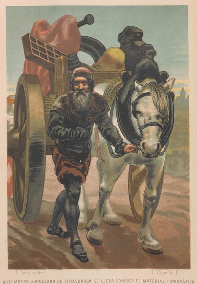 Johannes Gutenberg elhagyja Strasbourgot. Innen: A tudomány és emberei, 1879. alkotó: Juan Planella y Rodríguez