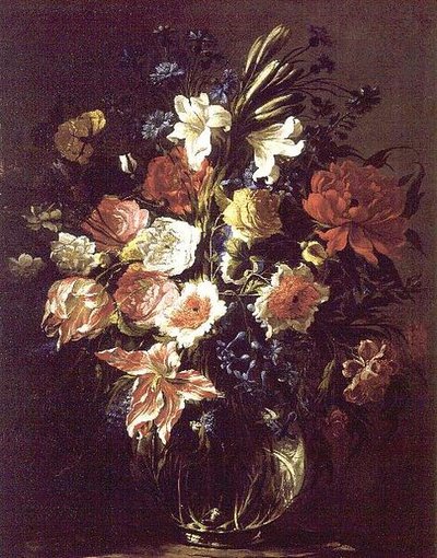 Liliom, bazsarózsa, tulipán, búzavirág és más virágok üvegvázában, talapzaton. alkotó: Juan de Arellano