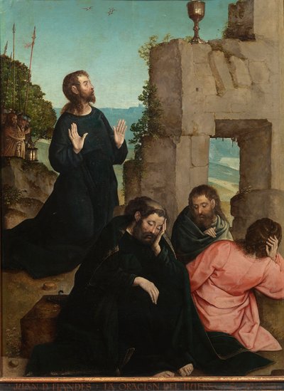 ""Agónia az olajbogyókertben" (The Agony in the Garden) Juan de Flandes festménye (kb. 1465-1519) 1514-1519 Méret: 110x84 cm Museo del Prado, Madrid alkotó: Juan de Flandes