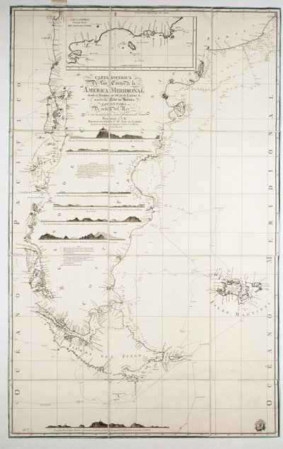 Chile, Patagónia, Tűzföld és a Falkland-szigetek térképe, 1798 körül (metszet) alkotó: Juan de Langara