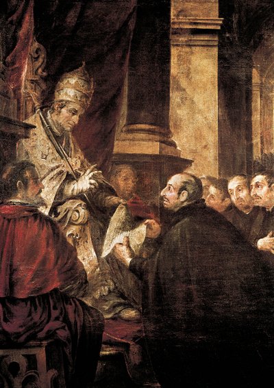 Loyolai Szent Ignác átveszi a jezsuita rend bulláját III. Pál pápától, Juan de Valdes Leal festménye alkotó: Juan de Valdes Leal