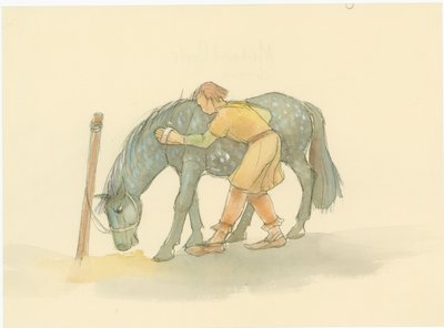Egy lovat súroló középkori vőlegény, 2004. alkotó: Judith Dobie