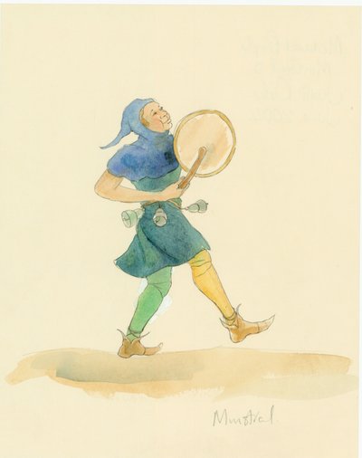 Egy középkori papnövendék, aki ütős hangszeren, esetleg taboron játszik, 2004. alkotó: Judith Dobie