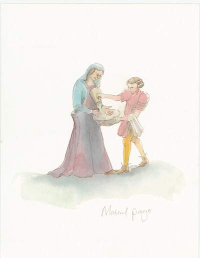 Középkori oldal, amely segít egy hölgynek kézmosásban, 2004. alkotó: Judith Dobie