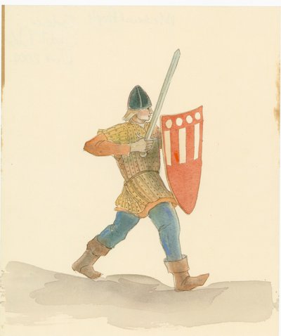 Egy középkori katona, jobb kezében hosszú kardot, baljában pajzsot cipelő, 2004. alkotó: Judith Dobie