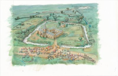 Egy rekonstrukciós festmény, amely a Latton Priory ferde nézetét mutatja, ahogyan az a 12. század végén kinézhetett. alkotó: Judith Dobie