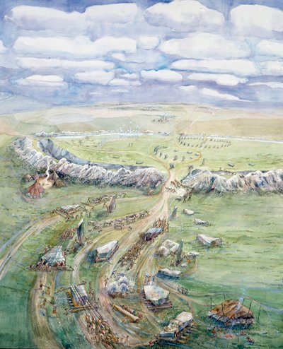 Avebury Henge építés alatt (akvarell, papír) alkotó: Judith Dobie