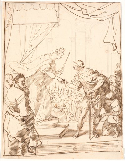 Erzsébet angol királynő 1568-ban átadja a Harisnyakötő Rendet Gottorp Adolf hercegnek alkotó: Jürgen Ovens