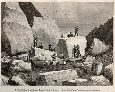 A mormonok gránitot faragnak templomépítéshez. Metszet J. Ferat rajza után, a La conquete blanche című történet illusztrálására, William Hepworth Dixon, 1875-ben, megjelent a "" Le tour du monde"" 1876-ban, szerkesztette Edouard Charton, Hachette kiadás, P alkotó: Jules (after) Ferat