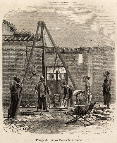 A tea mérése a kereskedelmi piacokon való expedíció előtt a Fati-öbölben (Kanton tartomány) egy lőporgyárban, J.Ferat 1870-1872-es kínai utazást illusztráló rajza nyomán metszett, J. Thompson, 1870-1872-ben, megjelent a „ Le tour du monde” 18 alkotó: Jules (after) Ferat