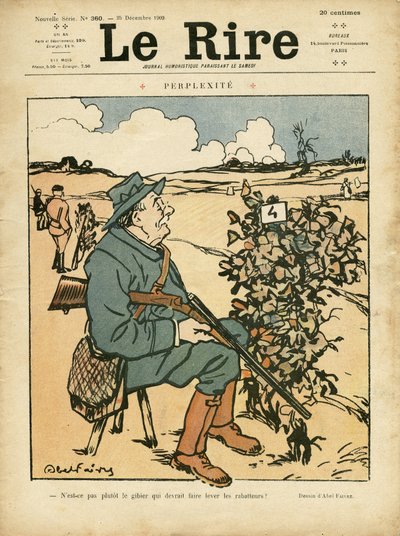 Illusztráció: Abel Faivre (1867-1945) a Le Lire borítójára, 09.12.25 - Perplexite - Vidék, szabadidő, vadászvadász alkotó: Jules Abel Faivre