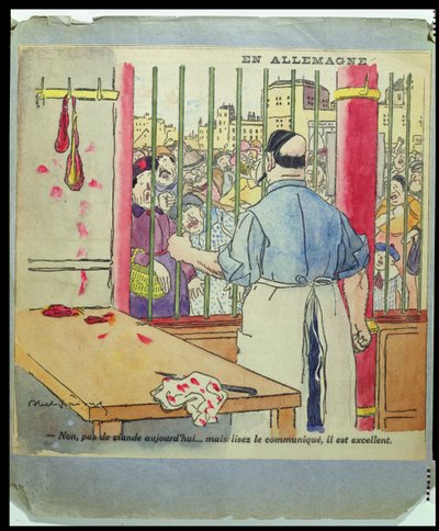 "Nem, ma nincs hús... de olvasd el a közleményt, ez kiváló", karikatúra a németországi éhínségről, 1917 körül alkotó: Jules Abel Faivre