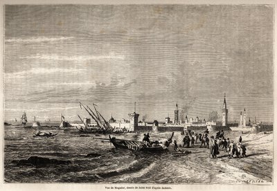 Essaouira (korábban Mogador) képe, Jules Noel (1810-1881) rajza Mr.F. illusztrálására. Schickler 1860-as marokkói utazása. Metszet a „” Le tour du monde, nouveau Journal des voyages”” című könyvben, Paris alkotó: Jules Achille Noel