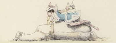 Cirkuszművész, lovon fekve, galambokkal a karján és a fején (színes litó) alkotó: Jules Arsene (after) Garnier