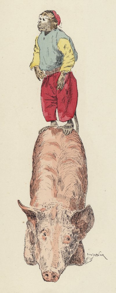 Disznón lovagló majom (színes litó) alkotó: Jules Arsene (after) Garnier