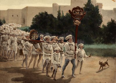 A gasztrolaterek istenük, Gaster felé haladnak, rengeteg áldozattal. A menet élén egy férfi, aki egy bot tetején Manduce nevű faszobrot visel. Pantagruel. Jules Garnier illusztrációja. In: "Rabelais et l