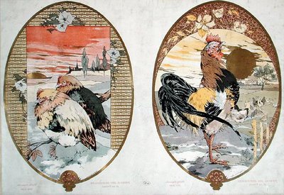 Kakas és csirkék, képernyőre való tervezés, 1900 körül (színes litho) alkotó: Jules Auguste Habert Dys