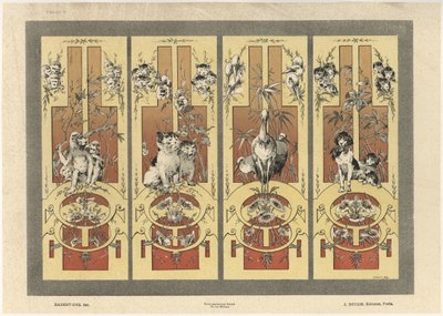 Majmok, macskák, kócsagok és kutyák, 3. tábla a "Fantaisies decoratives"-ból, Gillot metszete, kiadó: Jules Rouam, Librairie de l