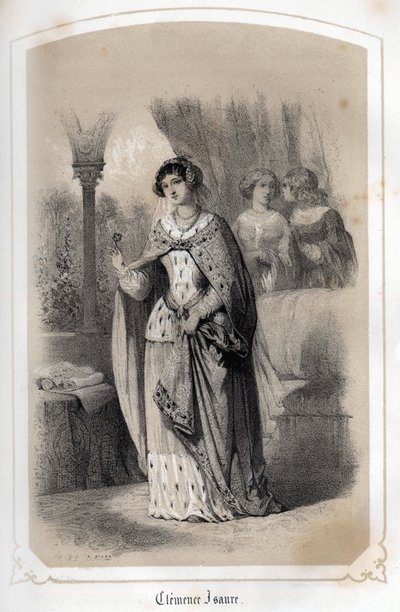 Clemence Isaure, toulouse-i hölgy portréja, aki a 14. században élt volna. DROHOJOWSKA grófnő „Les femmes illustres de la France” című művében. MM JULES ÉS BAYALOS rajzaival illusztrálva. 1850 körül. alkotó: Jules and Bayalos Aime de David
