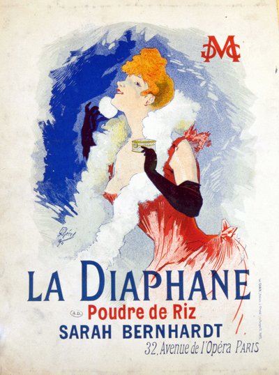 A "" La Diaphane: Rizspor"" reklámja" Henriette Rosine Bernard (Sarah Bernhardt) alkotó: Jules Cheret