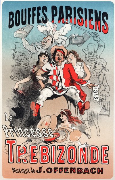 Zene. Trebizonde hercegnője, Jacques Offenbach operettje. Jules Cheret plakátja a Bouffes Parisiens 1. kiállításához, Párizs, Franciaország alkotó: Jules Cheret