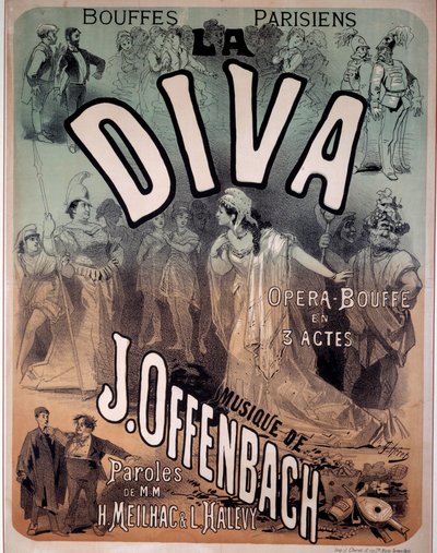 Jacques Offenbach (1819-1880) által megzenésített „Díva” című operett plakátja a párizsi Bouffes-ban alkotó: Jules Cheret