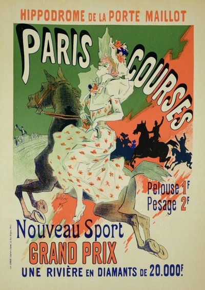 A „Paris Courses”-t hirdető plakát reprodukciója a Hippodrome de la Porte Maillot-ban, Párizs, 1890 alkotó: Jules Cheret