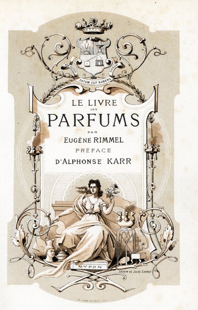 Címlap címerrel és rózsát tartó nővel, trónon ülve - Jules Cheret (1836-1932) illusztrációja a Le Livre des Parfums-ból, Eugene Rimmel (1820-1887), Franciaország alkotó: Jules Cheret