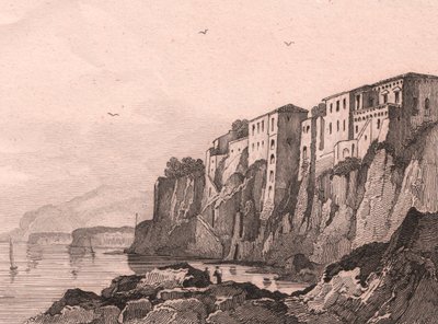 Sorrento kilátása Torquato Tasso házával, Campania, Olaszország, Sauvage acélmetszet Jules Coignet (1798-1860) rajza alapján, kb 13x10 cm alkotó: Jules Coignet